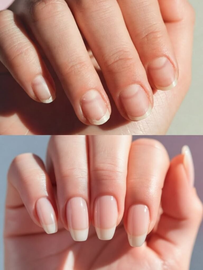 before and after comparison of damaged acrylic nails versus healthy well-maintained long acrylic nails