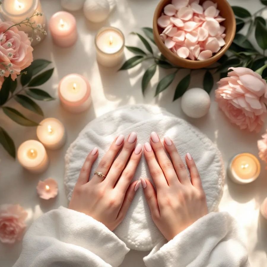 woman doing acrylic nails at home with professional nail tools