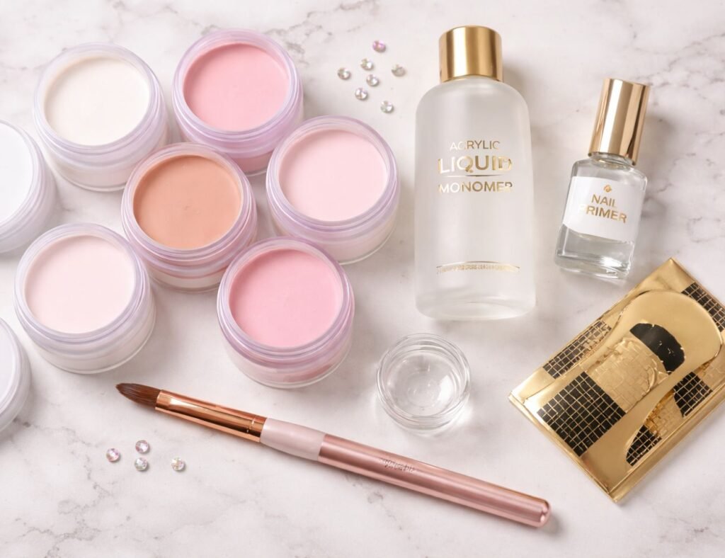 "professional acrylic nail products flat lay on white background"