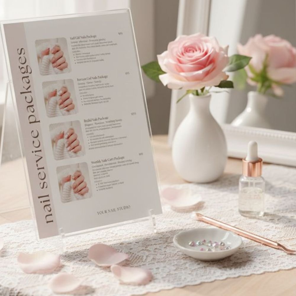 "nail salon price menu and payment card for acrylic nails refill cost"