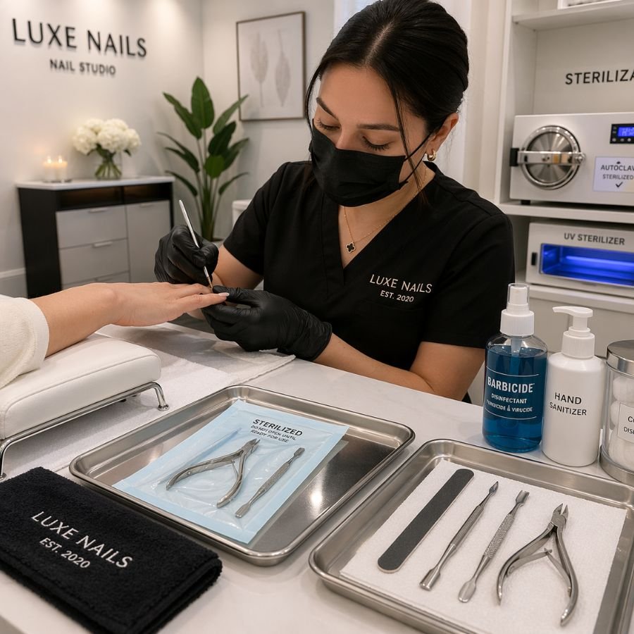 are acrylic nails safe — clean nail salon with sterilized tools and gloves