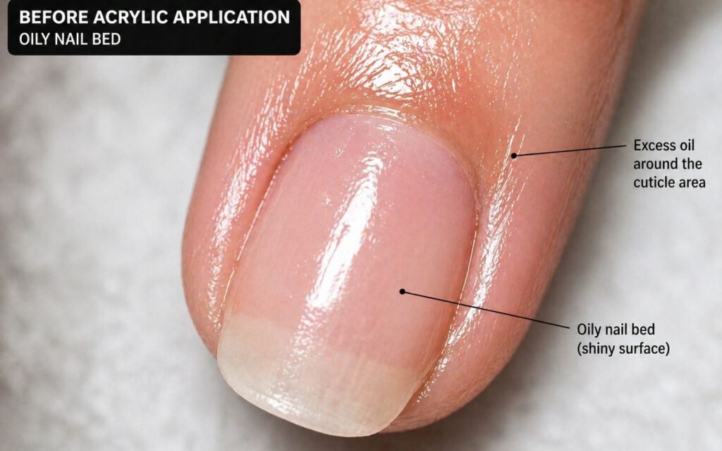oily nail bed causing acrylic nails lifting problem