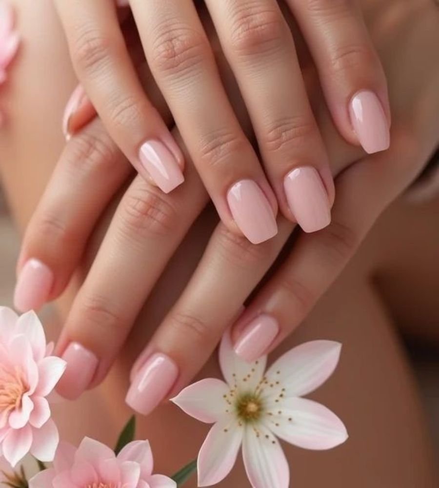 close-up of freshly done acrylic nails refill on woman's hand