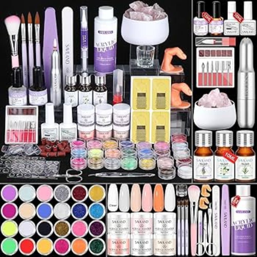 woman using acrylic nail kit at home to save money on salon visits
