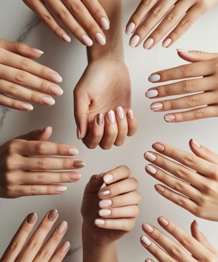 short acrylic nail ideas flat lay showing multiple designs on white background
