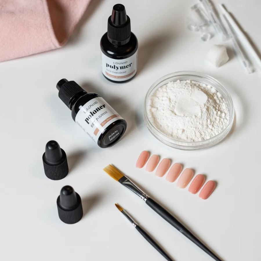 acrylic nail tools including monomer liquid and polymer powder