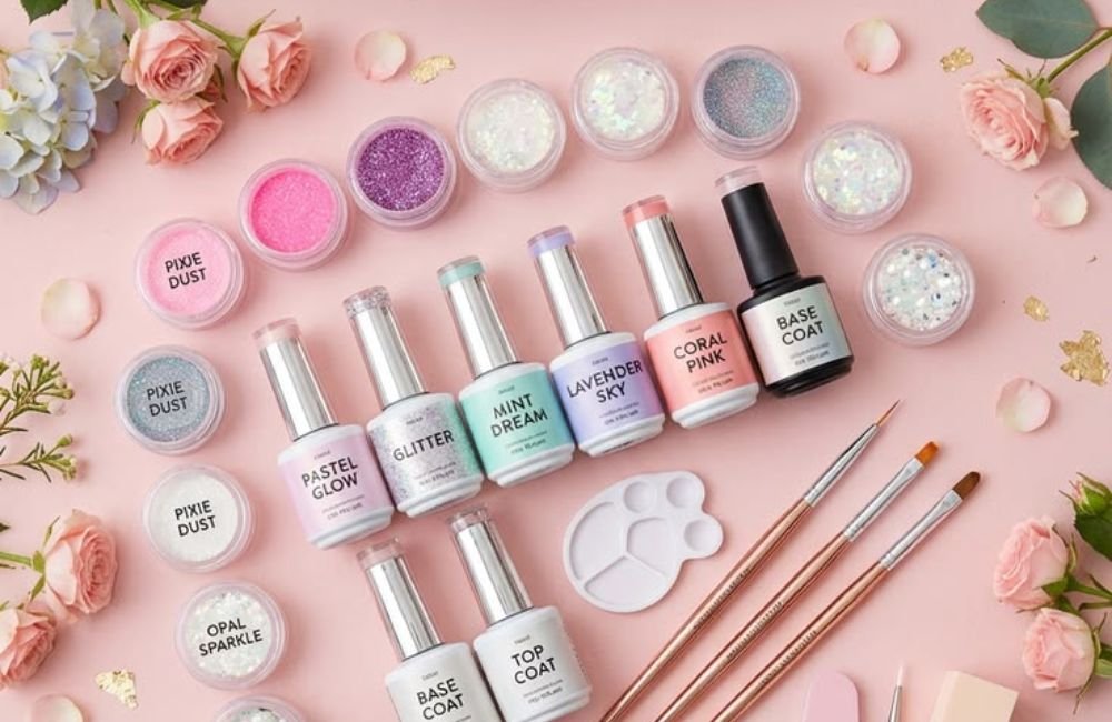 acrylic nail kit complete set with nail powder brush and nail tips on white background