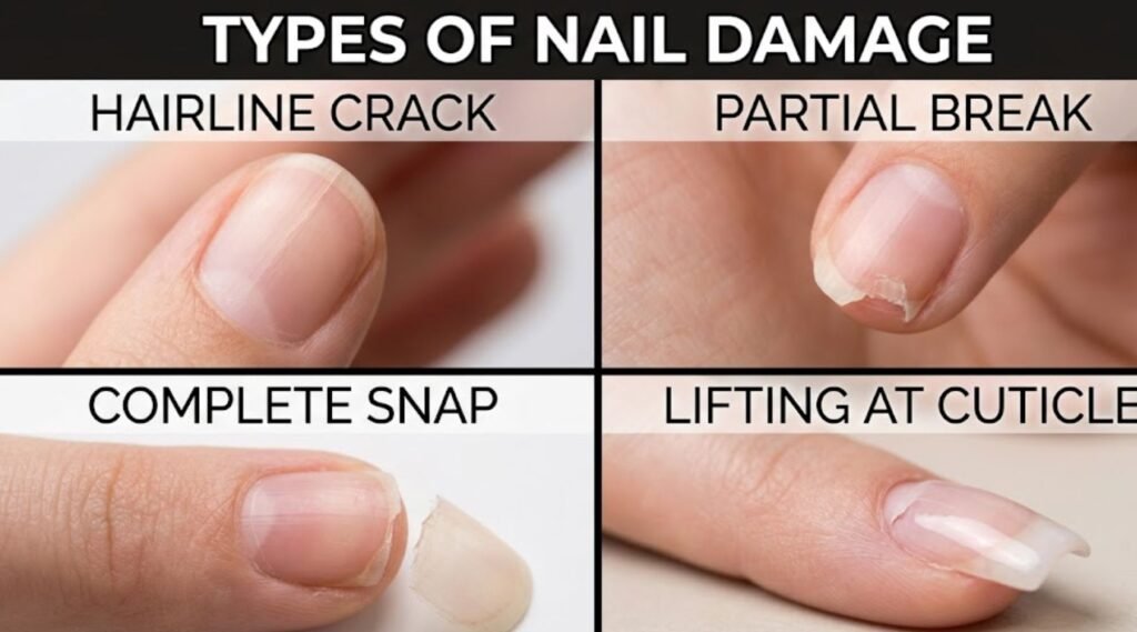 different types of broken acrylic nail breaks and how to fix each one