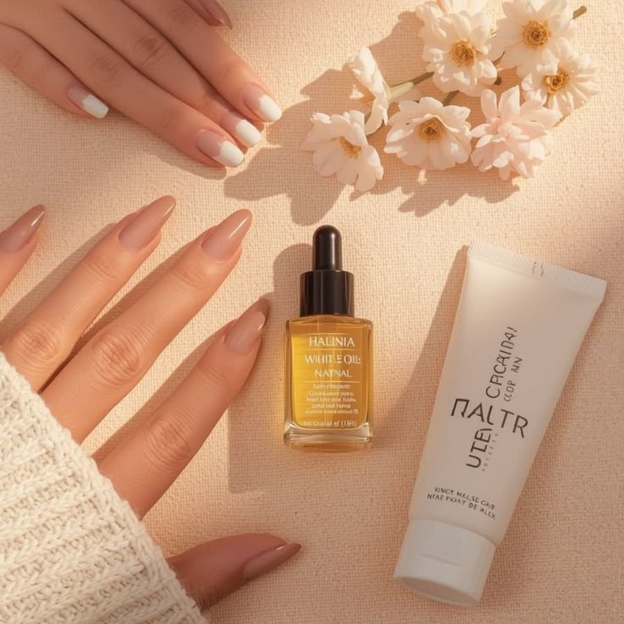 woman's hand with freshly done acrylic nails refill in nude pink shade on white marble surface"