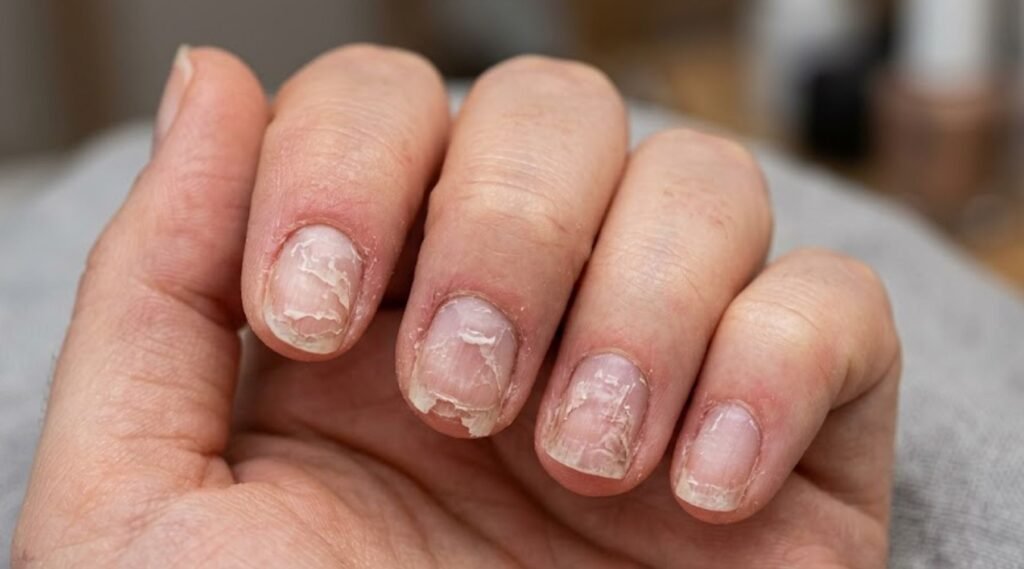 signs of nail damage from acrylic nails peeling and thinning