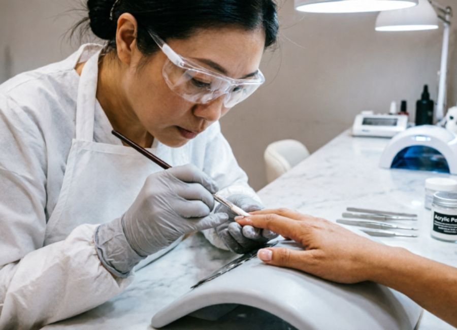 are acrylic nails safe — nail technician applying acrylic nails in salon"