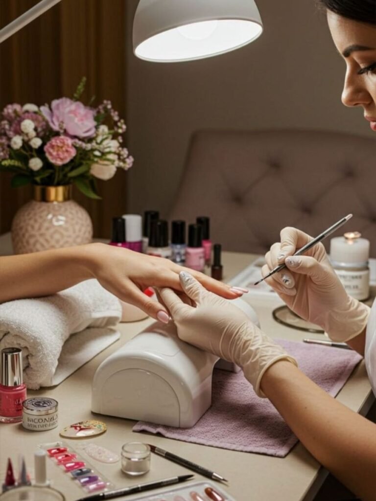 nail technician applying acrylic nail extensions in salon