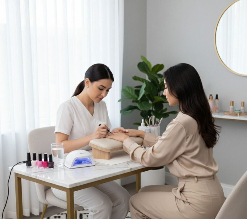 nail technician applying acrylic nails at a salon
