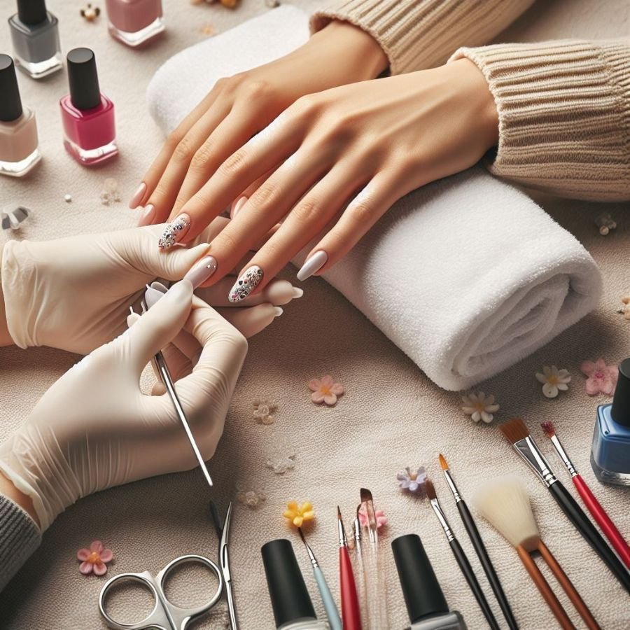 "nail technician filing acrylic nails during refill prep at salon"