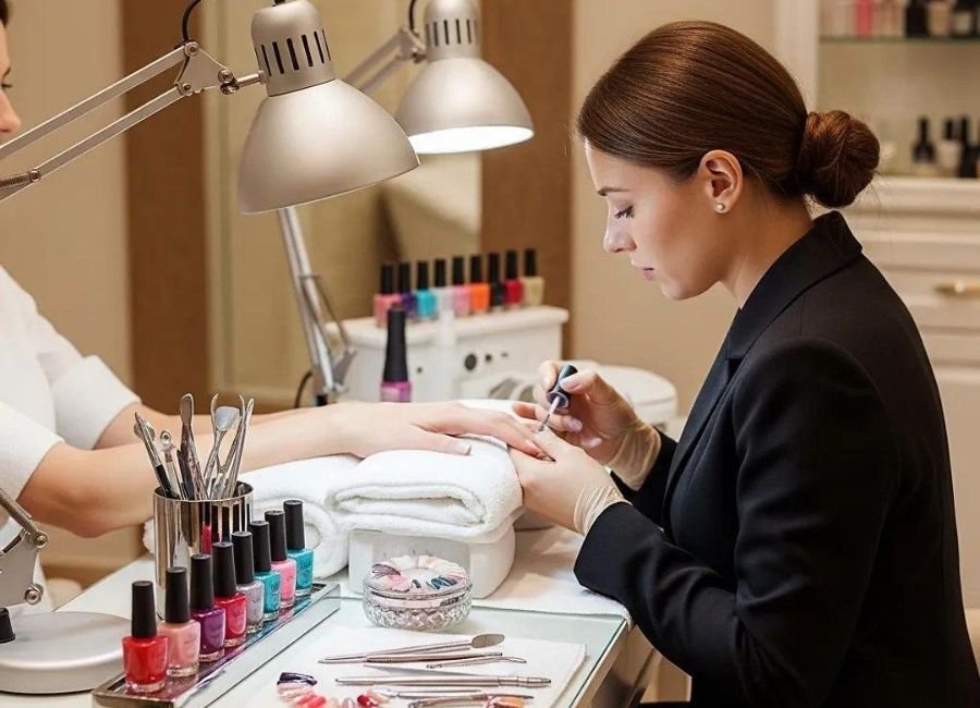 "professional nail technician carefully performing acrylic nails refill in clean salon"