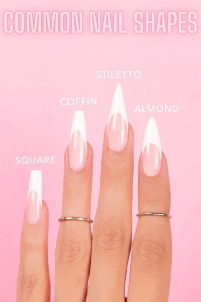 comparison of long acrylic nail shapes coffin stiletto almond and square