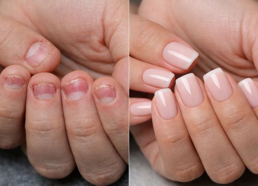 before and after acrylic nails refill showing nail growth gap"