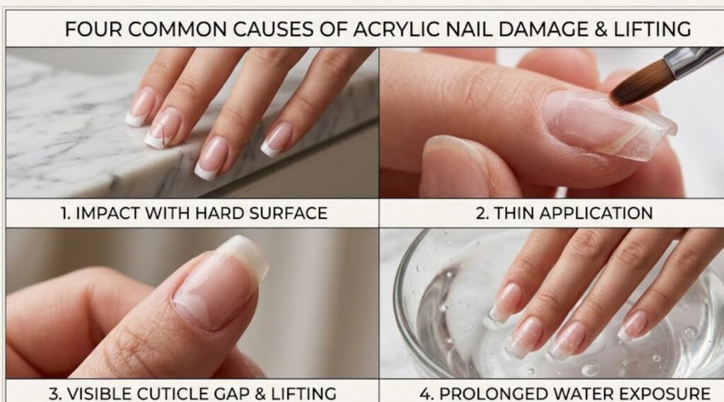 common causes of broken acrylic nails including impact and water exposure