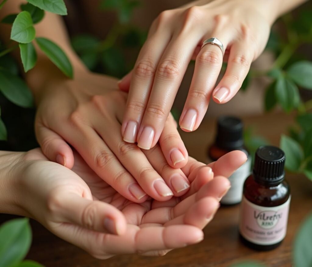 woman applying cuticle oil to short acrylic nails to extend their lifespan