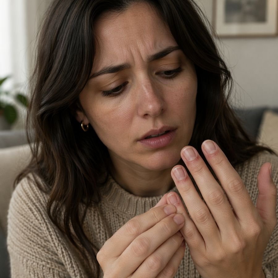 who should avoid acrylic nails — woman with sensitive skin examining her nails