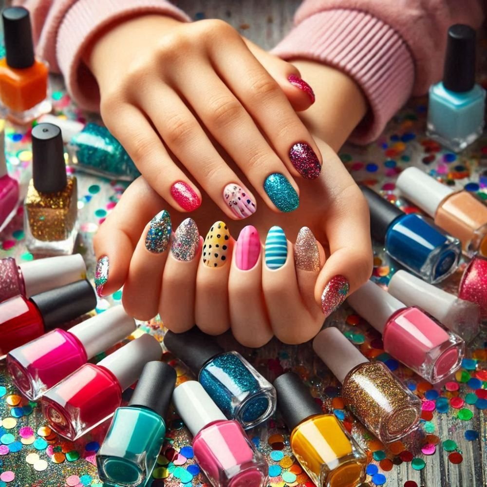 creative acrylic nail designs made at home using nail art kit and nail powder