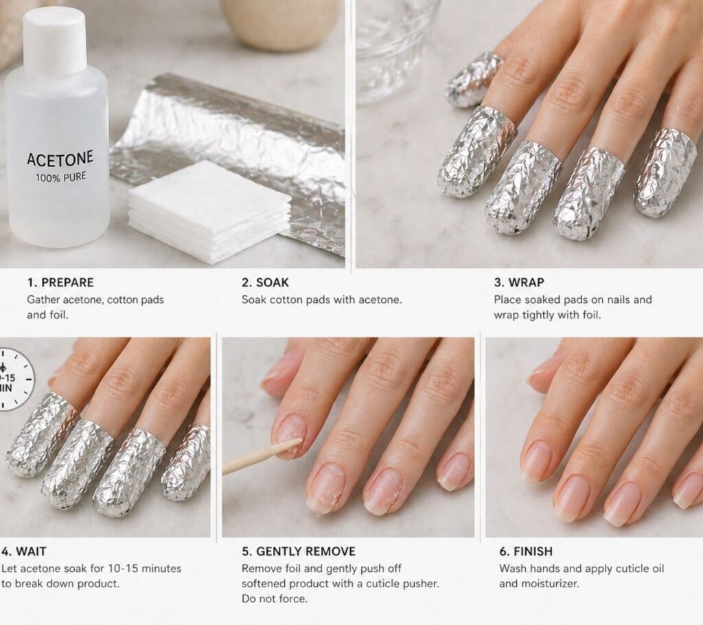 safe acrylic nail removal with acetone foil method to protect natural nails under acrylics