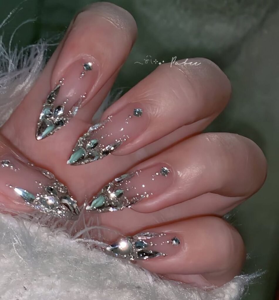 long acrylic nail designs with glitter ombre and rhinestones for special events
