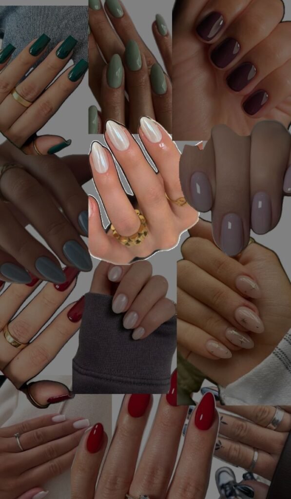Types of acrylic nails including coffin, almond, square, and stiletto shapes