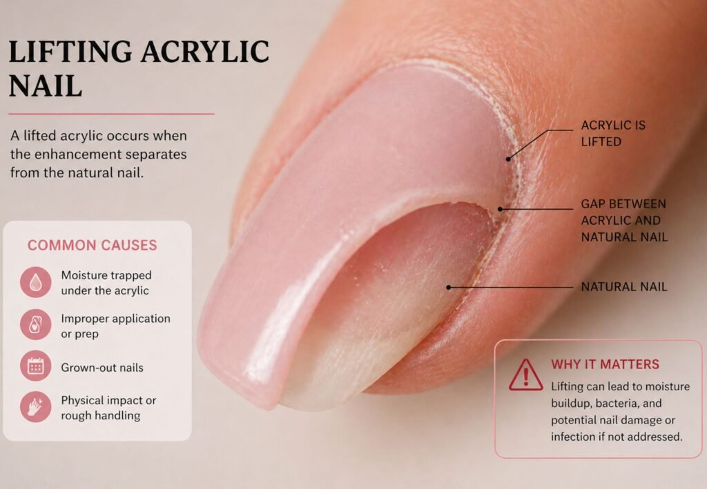 lifting acrylic nails close up sign of poor maintenance and damage