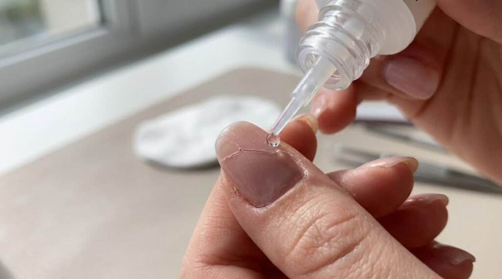 applying nail glue to fix a broken acrylic nail crack at home
