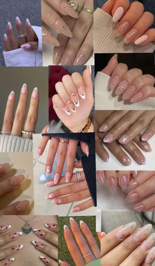 Popular acrylic nails designs including French tip, ombre, and coffin shape