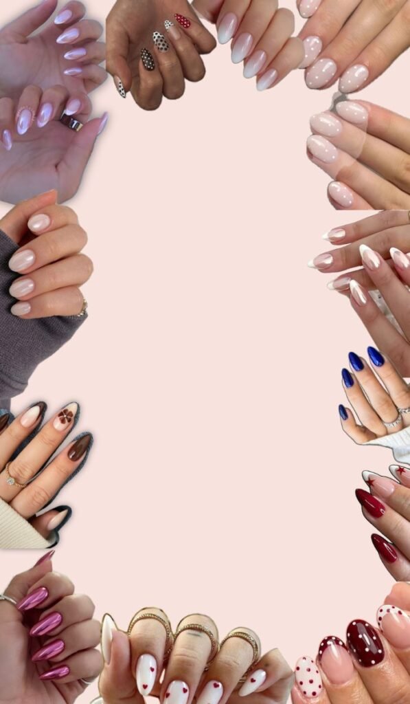 Short acrylic nail ideas featuring nude, French tip, pastel, glitter, and chrome designs for 2026