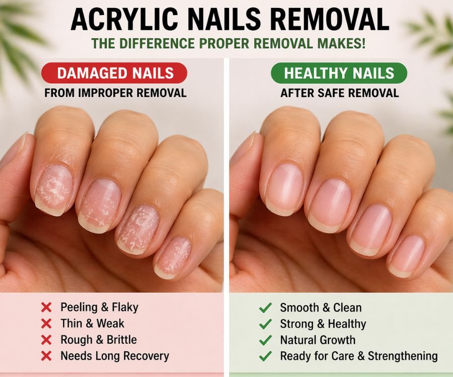 damaged nails from improper acrylic nails removal vs healthy nails