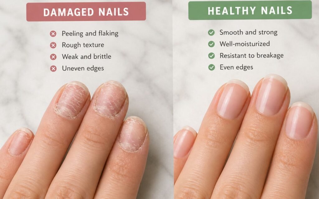natural nails damaged vs healthy — how to protect natural nails under acrylics