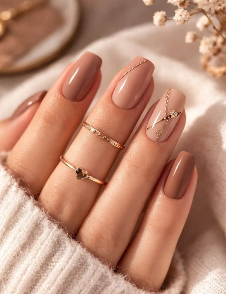 short acrylic nail designs with nude color and gold line art