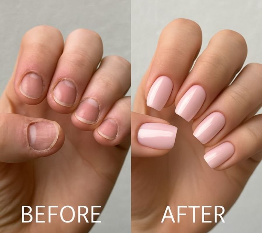 shaping and finishing acrylic nails with nail file and top coat after using acrylic nail kit