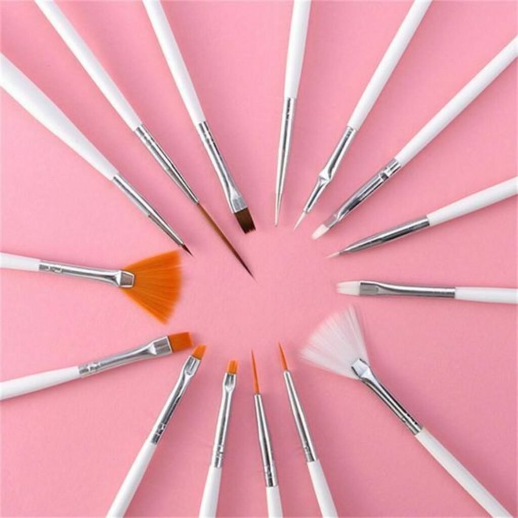 "acrylic nail brush size guide showing brushes from size 8 to 18"