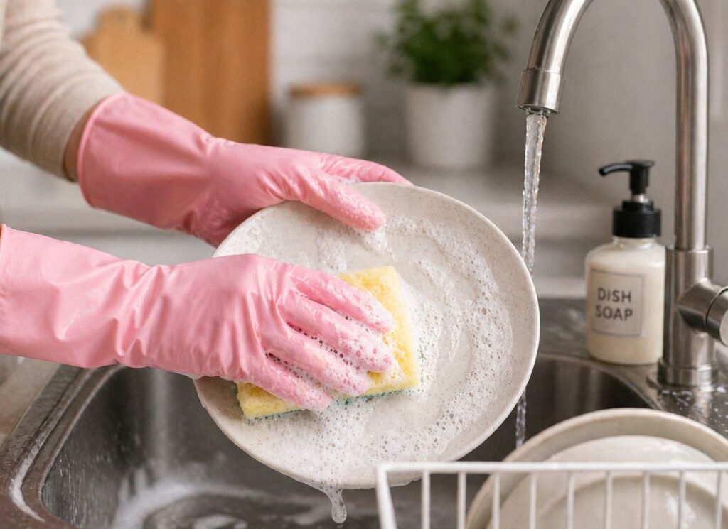 wearing gloves to protect acrylic nails from water damage