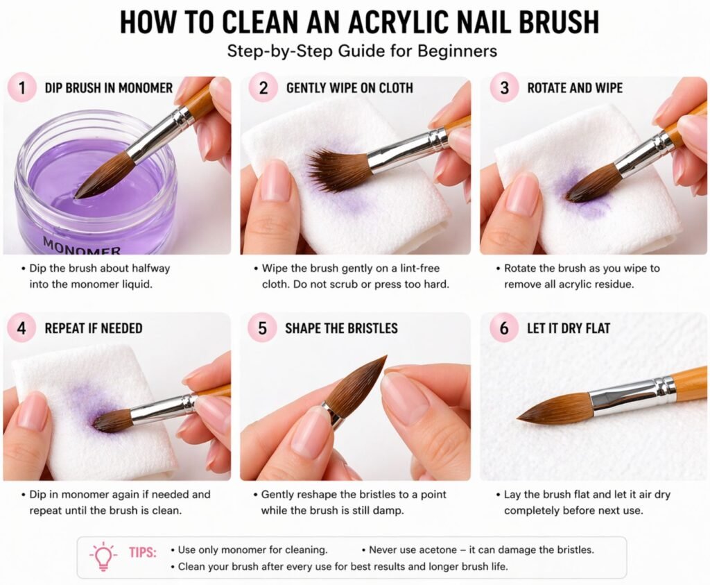 "how to clean acrylic nail brush with monomer on lint-free cloth"