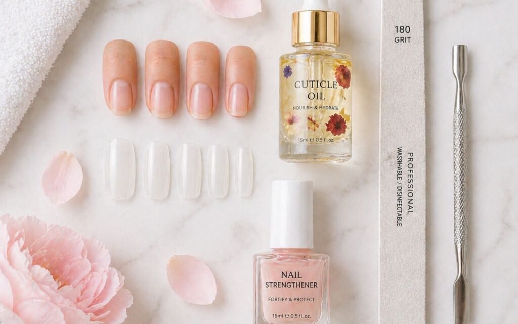 how to protect natural nails under acrylics — nail care tools and cuticle oil flat lay