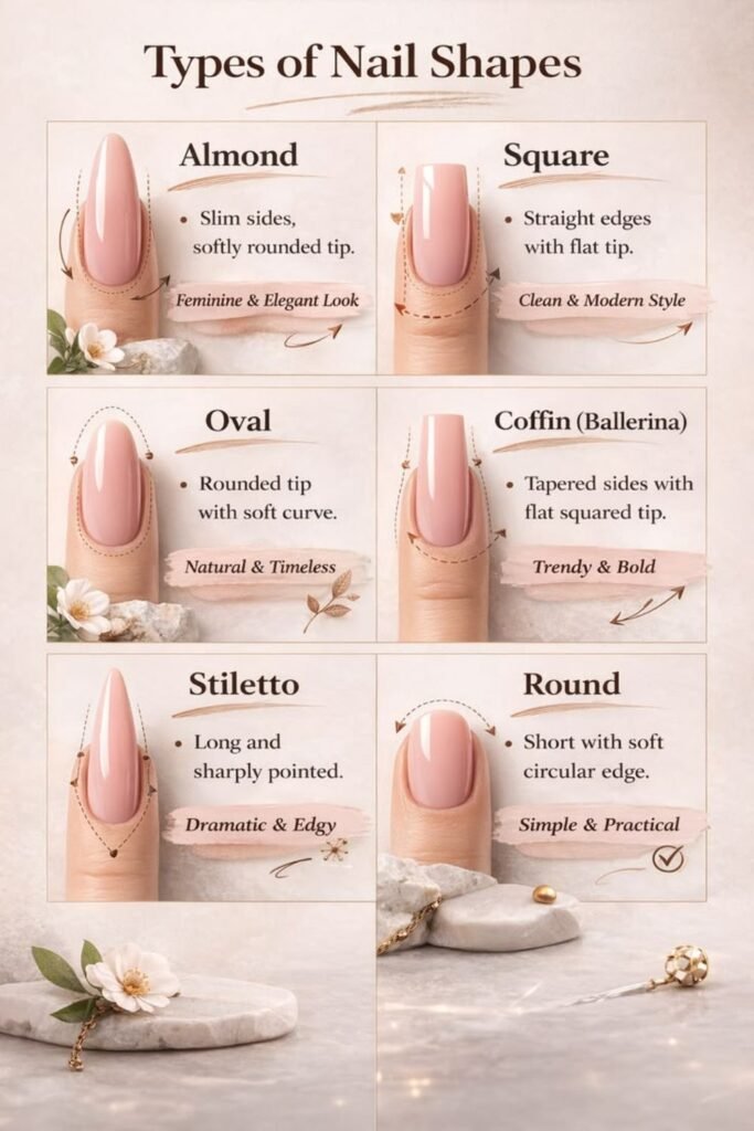 different acrylic nail shapes including almond coffin square stiletto and oval