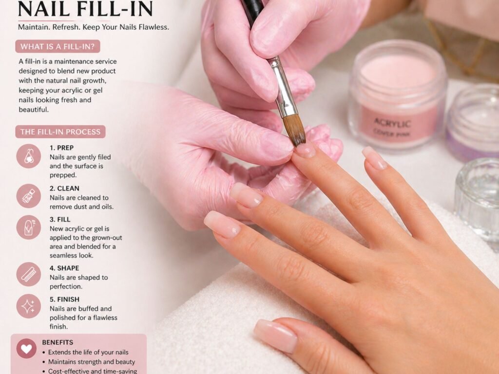 acrylic nail fill in process salon maintenance every 2 to 3 weeks