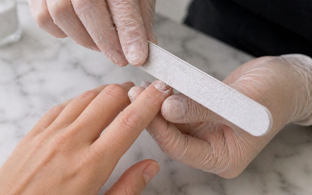 nail technician filing natural nail before acrylics — how to protect natural nails under acrylics