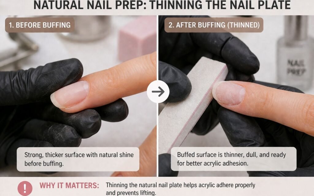 nail technician filing natural nail before acrylics — how to protect natural nails under acrylics