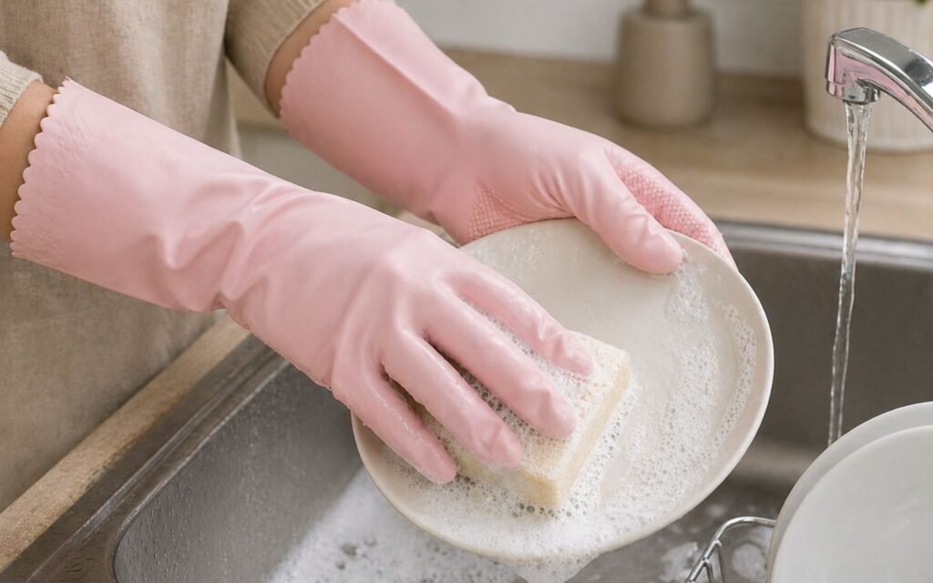 wearing gloves to protect natural nails under acrylics from water and chemicals