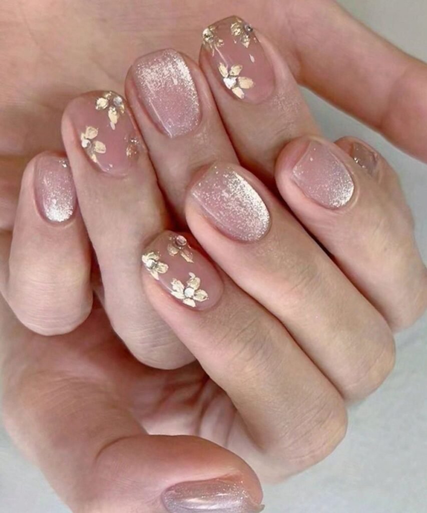 cute short acrylic nails with gold glitter and floral daisy nail art on pink background