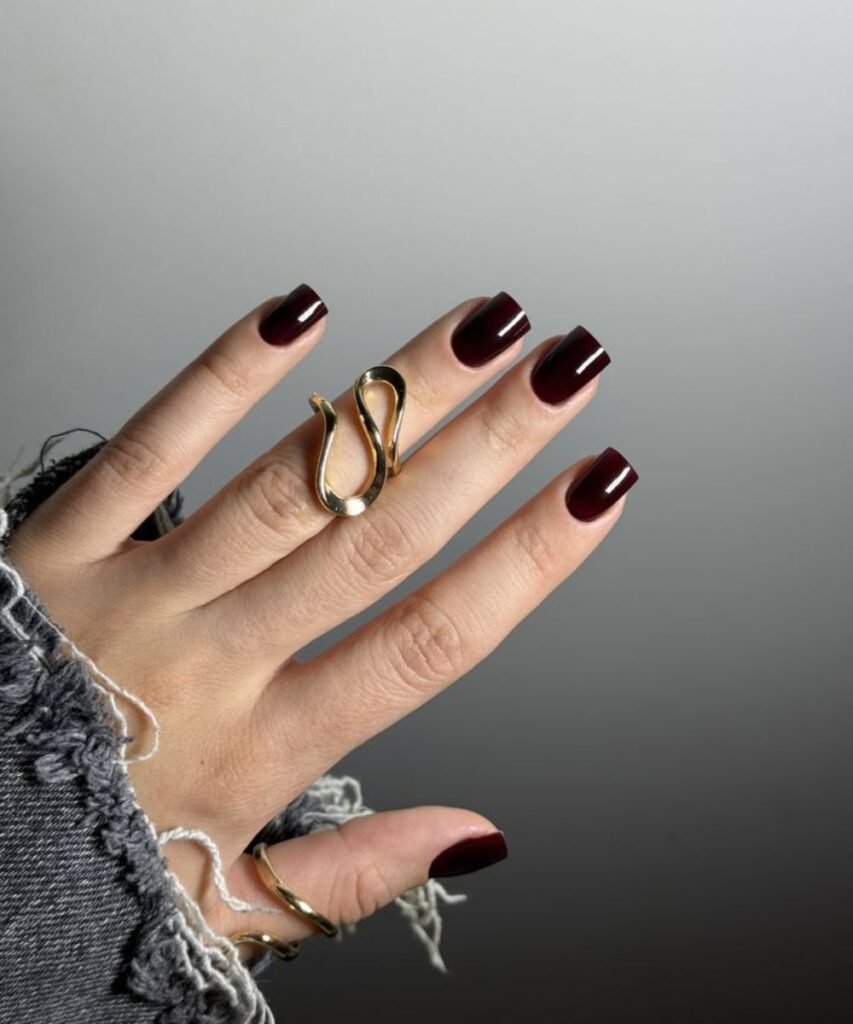 short square acrylic nails in dark burgundy and silver chrome metallic finish