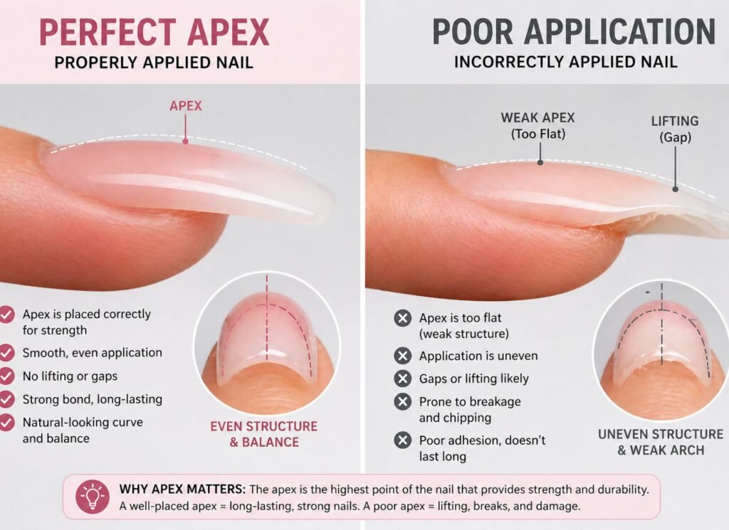 proper acrylic nail apex vs bad application lifting nails comparison