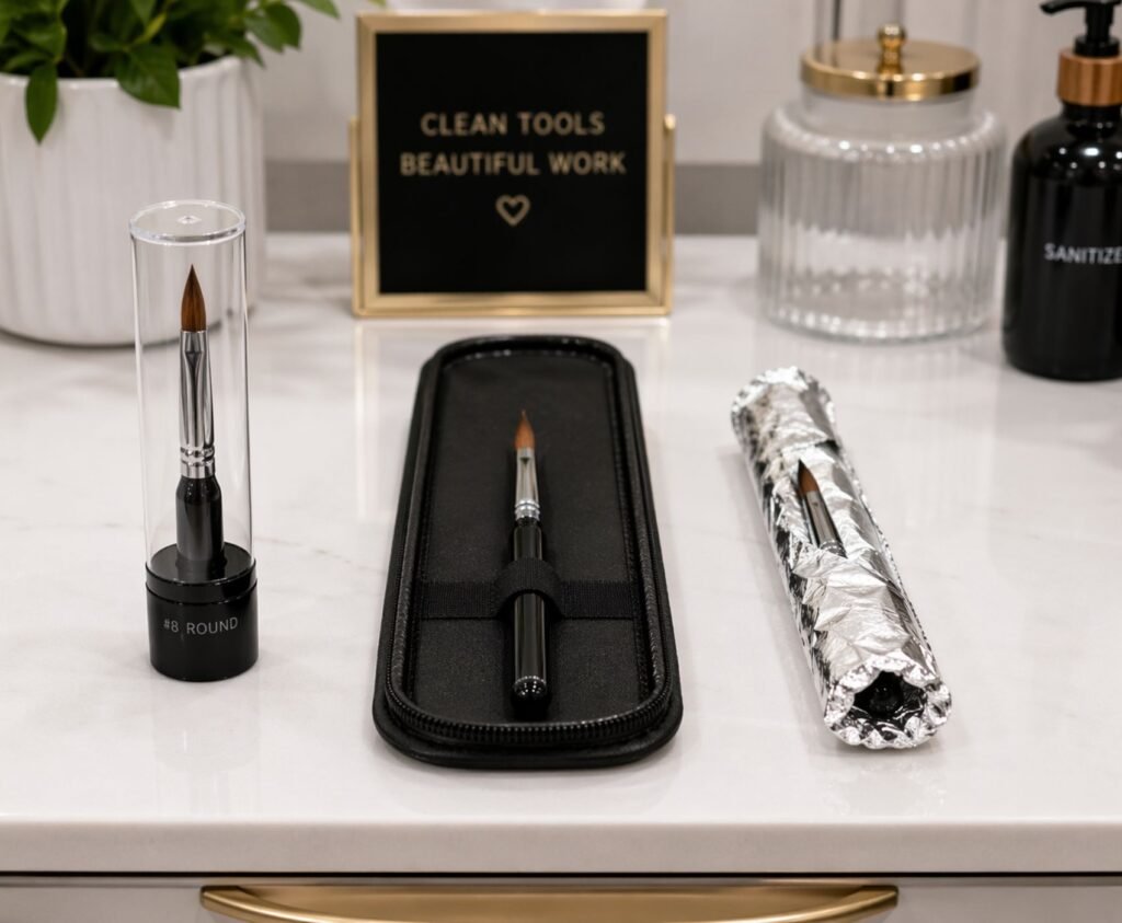 "correct acrylic nail brush storage in brush cap and flat case"