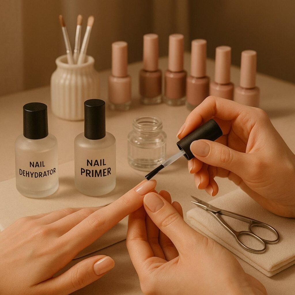 "nail primer and bonder bottles for professional acrylic nail application"